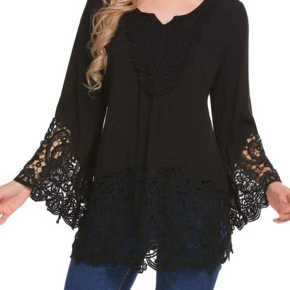 SoTeer Tops - SoTeer V Neck Loose Top Flare Sleeve Lace Splice Blouse